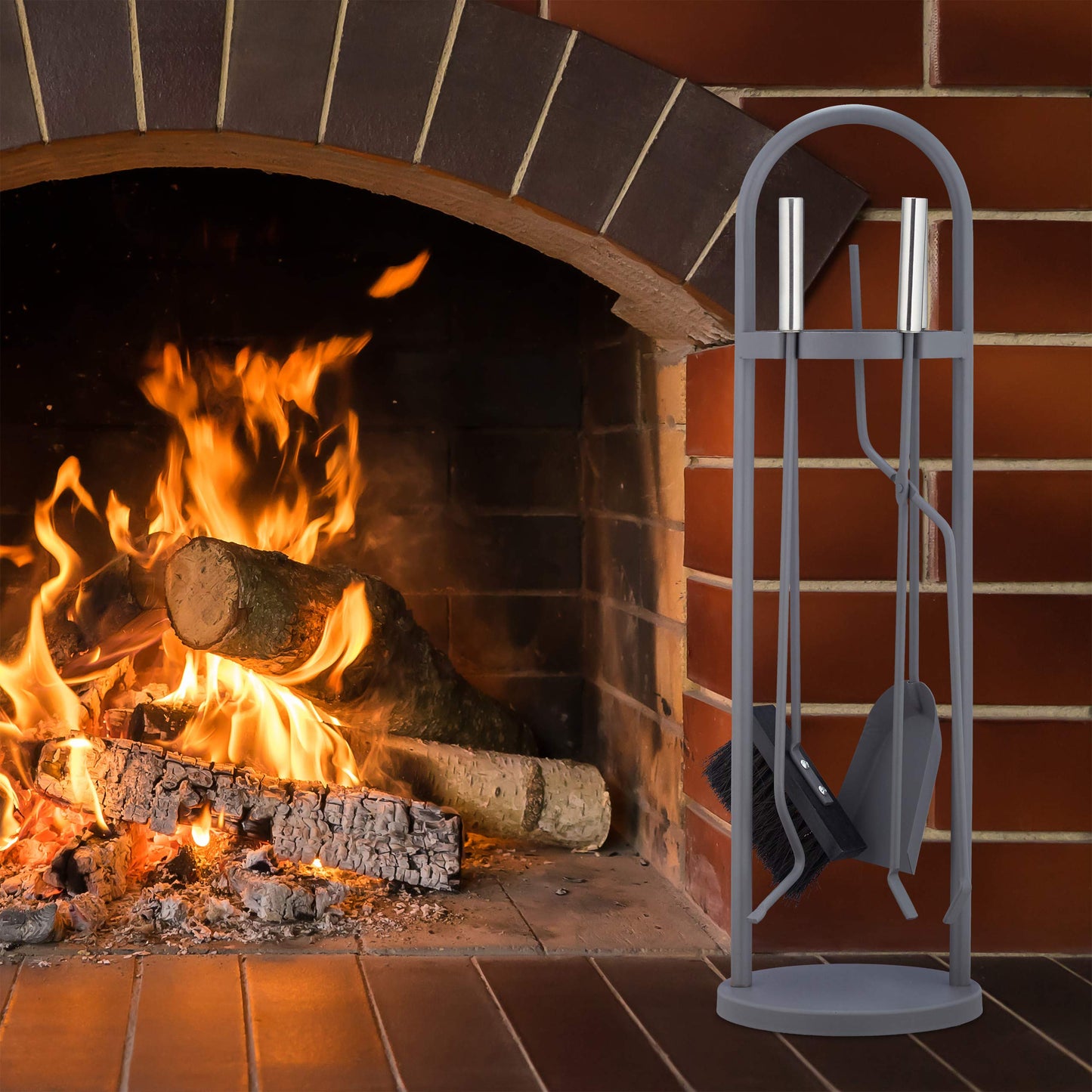 Relaxdays fireplace tool set, 5 pieces, shovel, broom, tongs, poker & holder, gray