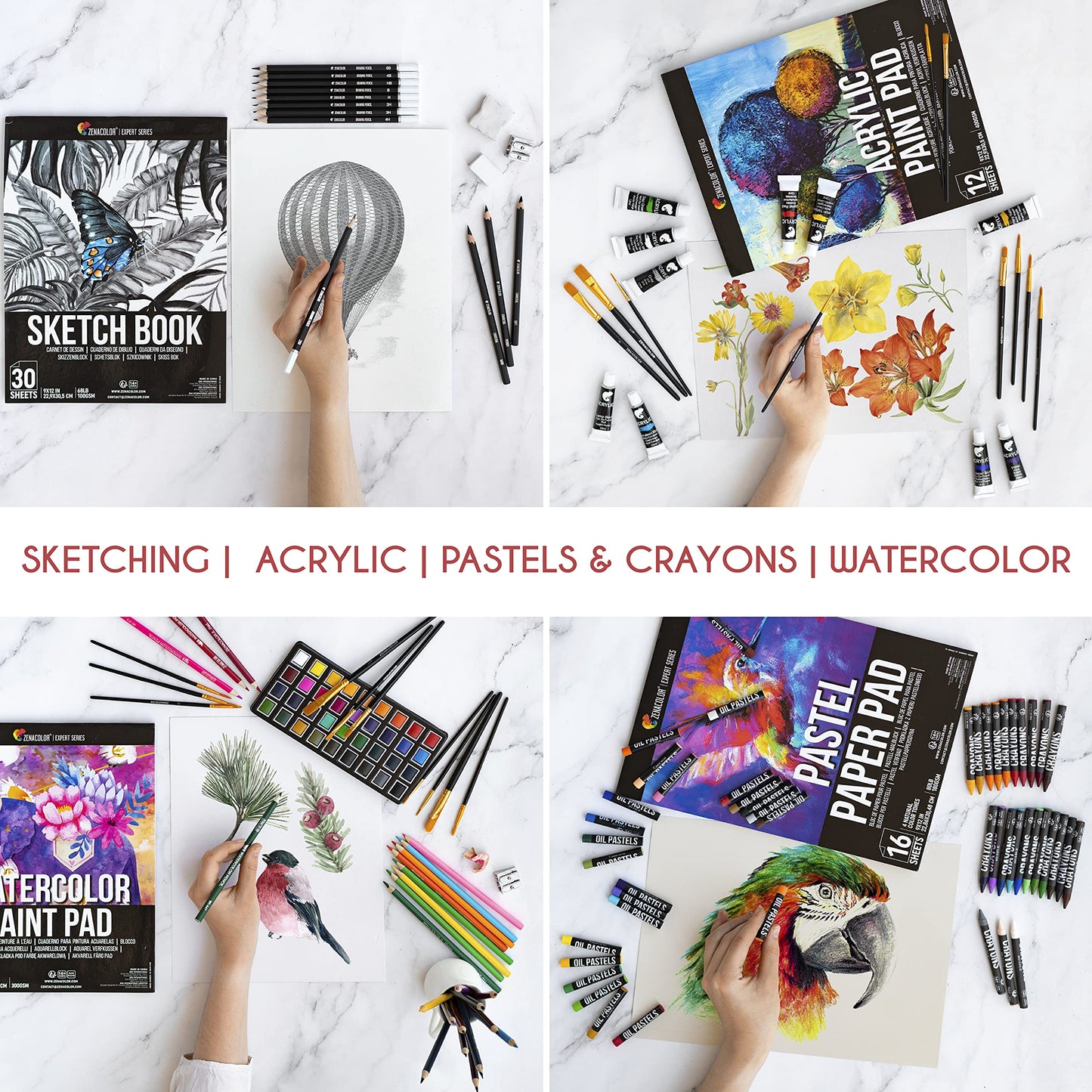 Zenacolor art set for adults (XXL) - 150-piece wooden case painting kit for artists - complete drawing and painting set - pastel chalk, acrylic paints, wax crayons, watercolor paints, pencils - 4 blocks