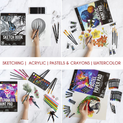 Zenacolor art set for adults (XXL) - 150-piece wooden case painting kit for artists - complete drawing and painting set - pastel chalk, acrylic paints, wax crayons, watercolor paints, pencils - 4 blocks