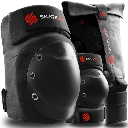 SKATEWIZ Adult Inline Roller Skate Guards - Knee and Elbow Pads Set - Skate Protectors Safety Gear - Men's and Women's Guards - SHIELD Size L Black