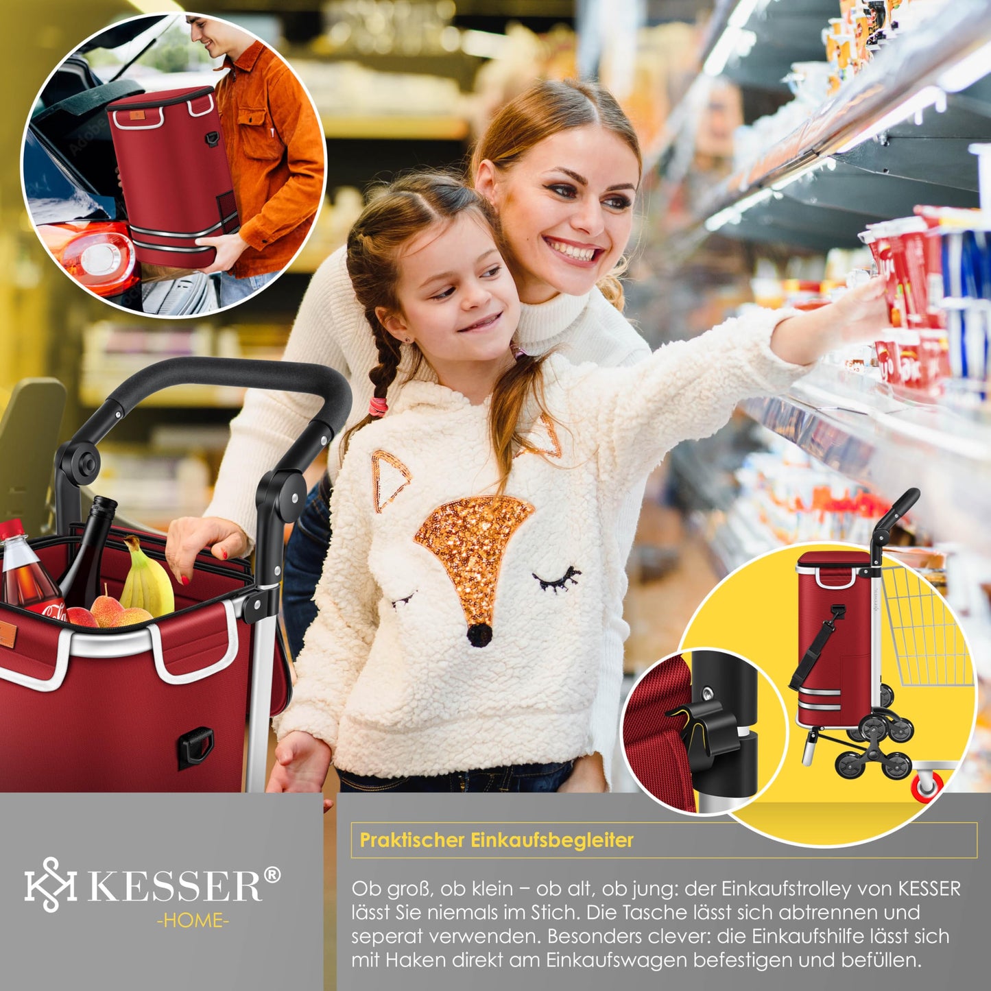 KESSER® Shopping Trolley Stair Climber with Cooler Compartment, foldable with 56L capacity and loadable up to 50kg | 3in1 trolley hand truck & shoulder bag | Foldable shopping cart including shopping chip, Bordeaux