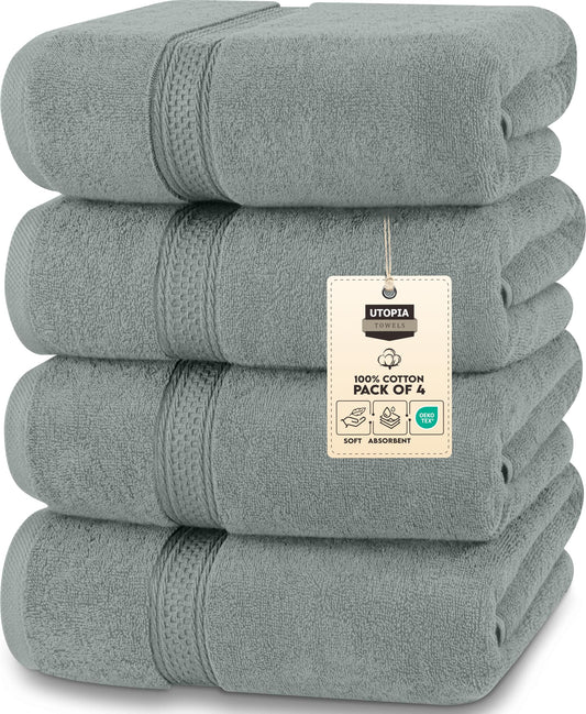 Utopia Towels - 4-Pack Bath Towel Set Premium 100% Ring Spun Cotton 27 x 54 inches Hand Towels, highly absorbent, soft feel Bath Towels (Cool Gray)