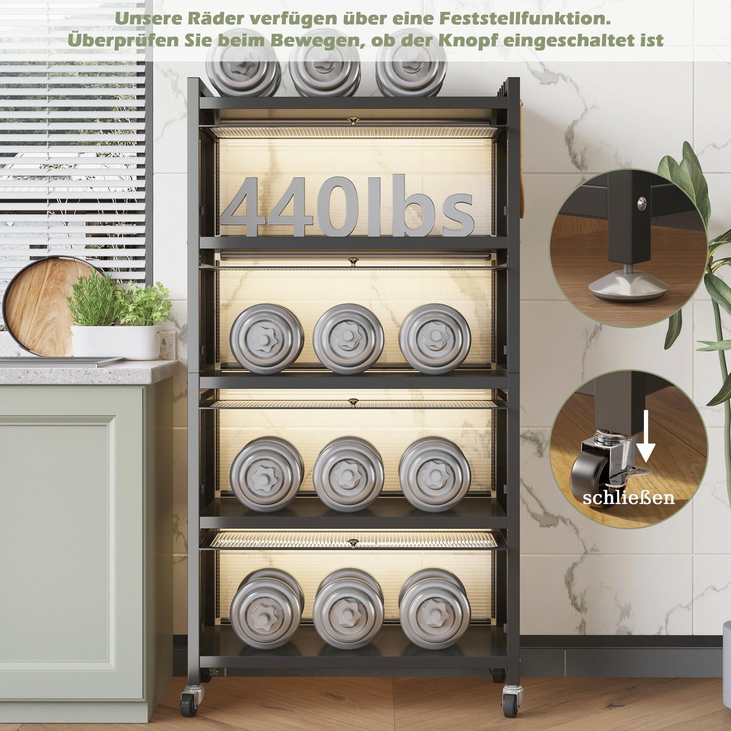COVAODQ Bakers Rack Kitchen, 5-Tier Stainless Steel Kitchen Shelf, Bakers Rack with Hooks, Kitchen Stand Organizer for Wine, Dishes, Pots with Visible Cover Door (70CM Black), White