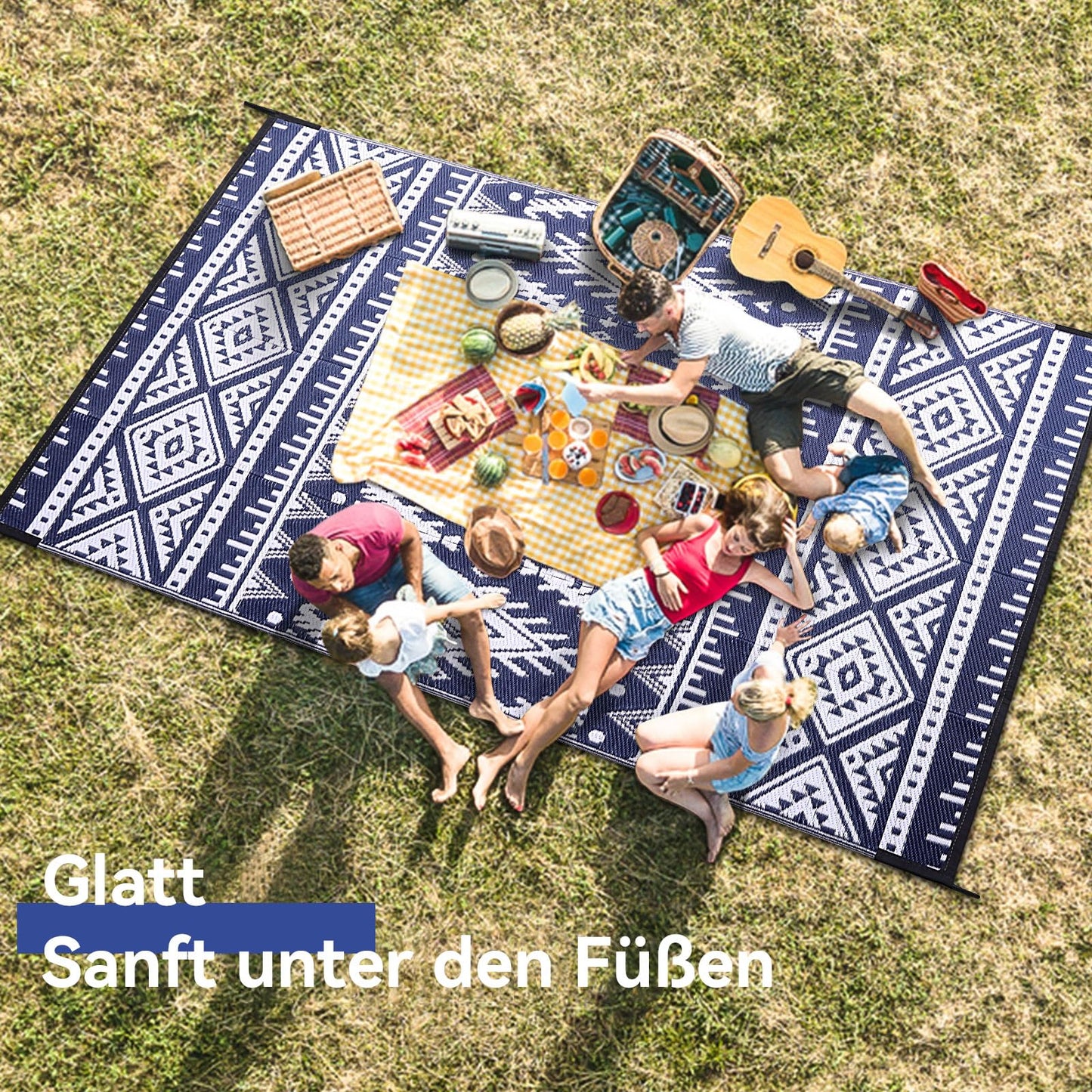 Homaxy outdoor rug weatherproof, plastic straw foldable washable UV-resistant reversible balcony garden rug for patio camping picnic (240 x 300 cm, navy blue & white)