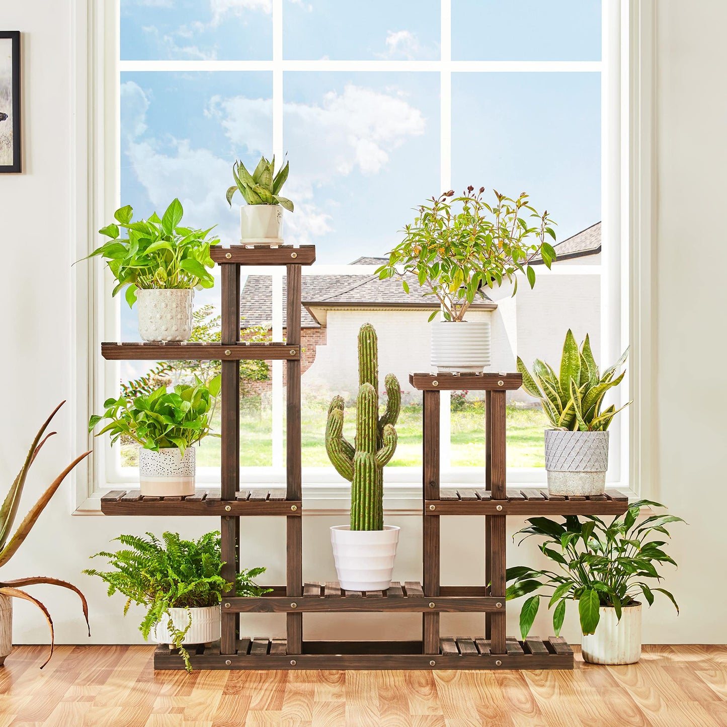 Yaheetech Wooden Plant Stand, Flower Rack Outdoor, 6-Tiered Flower Shelf, Multi-layered Plant Stand Wooden Shelf 120.5x25x96.5 cm, Flower Holder for Garden Living Room Balcony Indoor