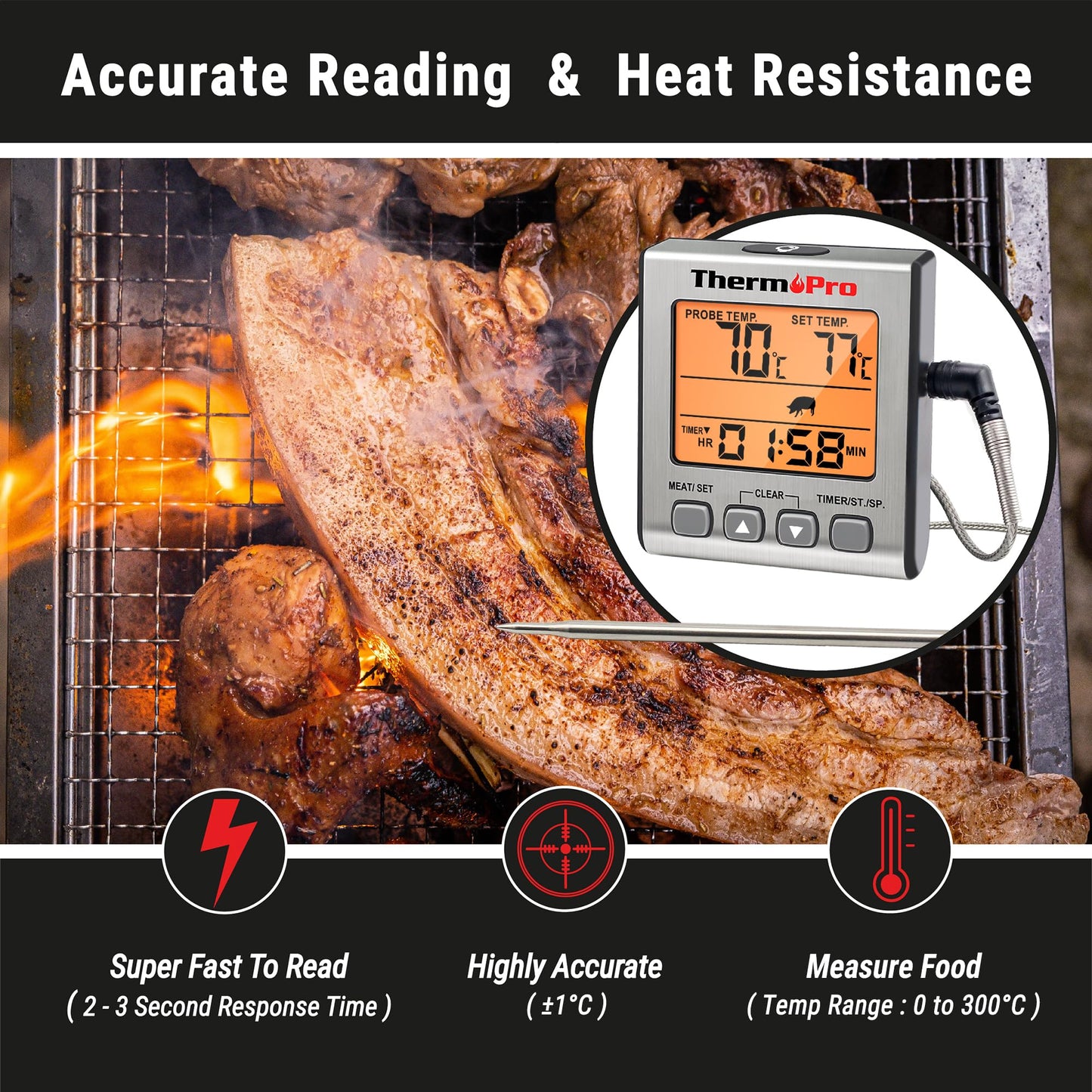 ThermoPro Digital Meat Thermometer Grill Thermometer Roast Thermometer Oven Thermometer with Timer and Backlit Temperature range up to 300°C Kitchen thermometer for BBQ Grill Smoker