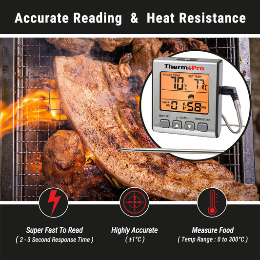 ThermoPro Digital Meat Thermometer Grill Thermometer Roast Thermometer Oven Thermometer with Timer and Backlit Temperature range up to 300°C Kitchen thermometer for BBQ Grill Smoker