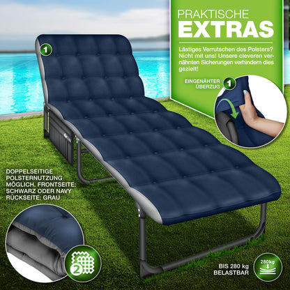 tillvex® Folding camping bed with neck pillow & side pocket up to 280 kg | Camping lounger sun lounger with padding | Field bed outdoor & indoor | Folding bed guest bed foldable garden camping festival travel
