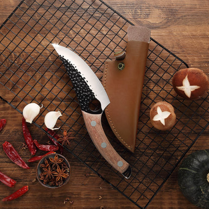 ZQD 6-inch Japanese knife with leather sheath, forged chef's knife kitchen knife with finger hole wooden handle, sharp boning knife outdoor cleaver for vegetables and meat.