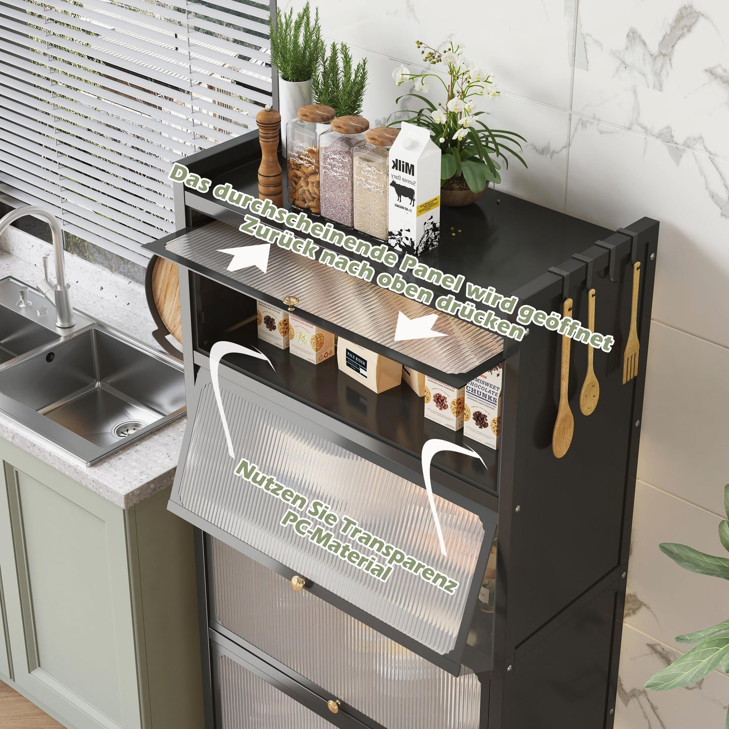 COVAODQ Bakers Rack Kitchen, 5-Tier Stainless Steel Kitchen Shelf, Bakers Rack with Hooks, Kitchen Stand Organizer for Wine, Dishes, Pots with Visible Cover Door (70CM Black), White