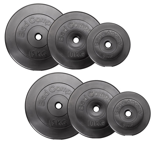 Bad Company weight plates 30/31 mm plastic 60kg I weight set 2 x 5 kg + 2 x 10 kg + 2 x 15 kg I weights for barbell and dumbbell.