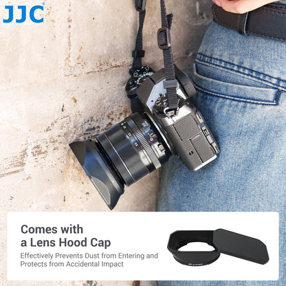 JJC metal lens hood for FUJI XF14mm F2.8 R and XF18-55mm F2.8-4 R LM OIS lenses with slide design hood cap - replaces FUJI 14/18-55 model.