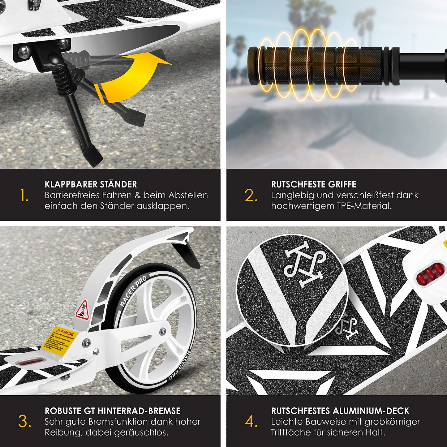 KESSER® City Roller Scooter 205mm wheels PU Big Wheel - Pro-S kick scooter with double suspension, foldable and adjustable height city roller scooter, kickscooter for adults and kids, White