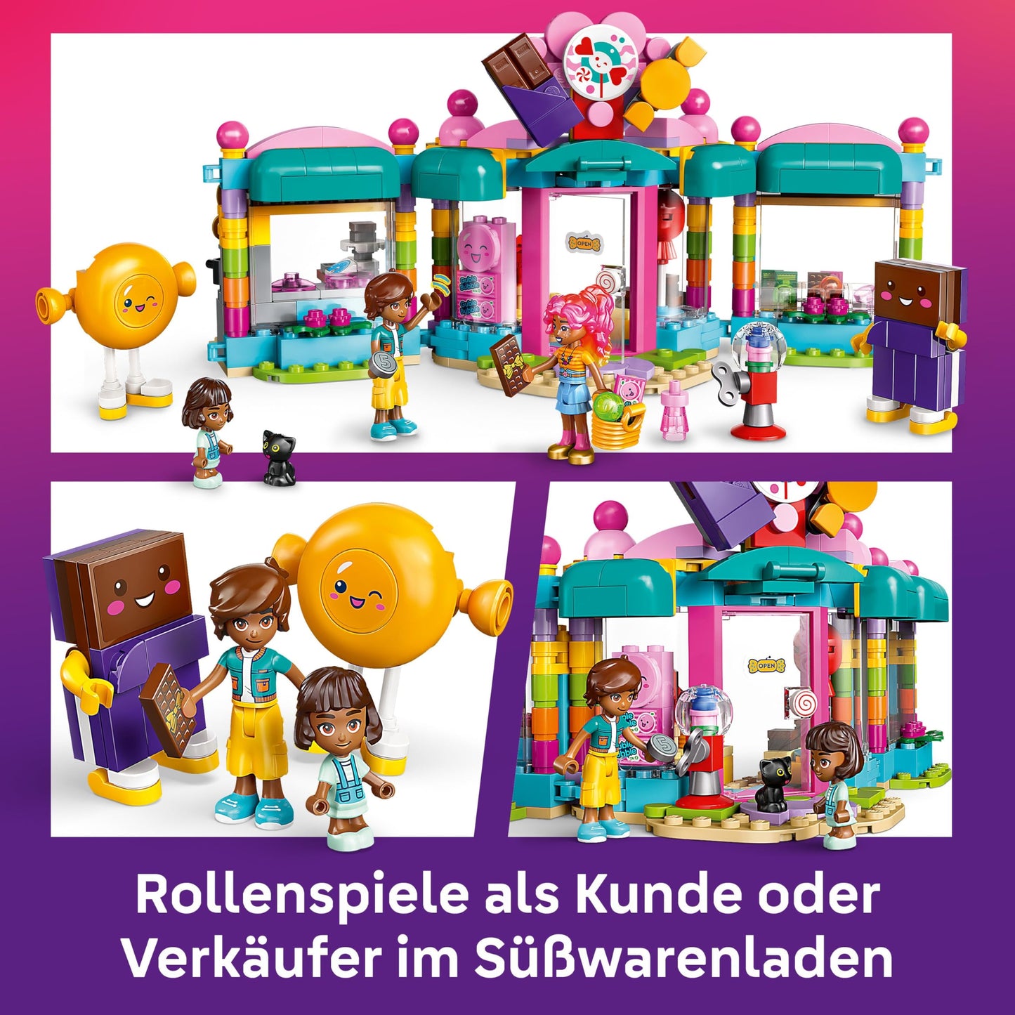 LEGO Friends Heartlake City Sweet Shop - Buildable kids' playset with 3 minifigures, a cat figure, toy food, and accessories - Gift for girls and boys ages 6 and up - 42649