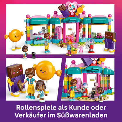 LEGO Friends Heartlake City Sweet Shop - Buildable kids' playset with 3 minifigures, a cat figure, toy food, and accessories - Gift for girls and boys ages 6 and up - 42649
