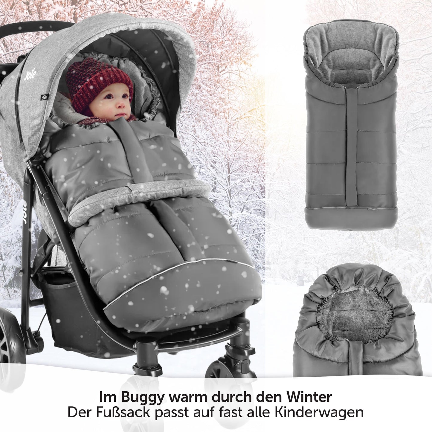Zamboo footmuff for Joie stroller (fits Litetrax, Mytrax, Chrome) - winter footmuff for strollers, with reflector, hood function & pocket - Grey