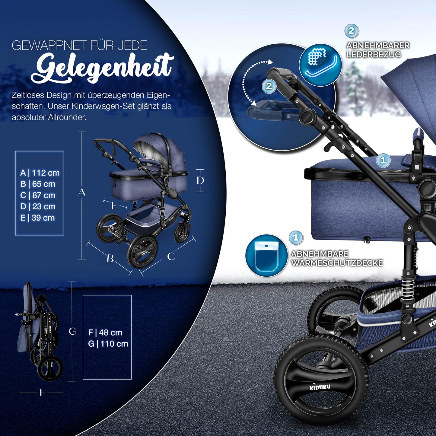 KIDUKU® 3 in 1 stroller XXL complete set | Combination stroller set including baby tub, buggy seat & car baby seat footmuff | solid rubber tires changing bag hand warmer rain cover child table ECE R129