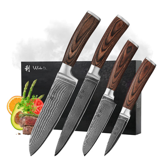 Wakoli EDIB Damascus Knife Set 4 pieces made of 67 layers of damascus steel with VG10 core & pakkawood handle - Kitchen knife set with santoku, paring knife & utility knife in gift box