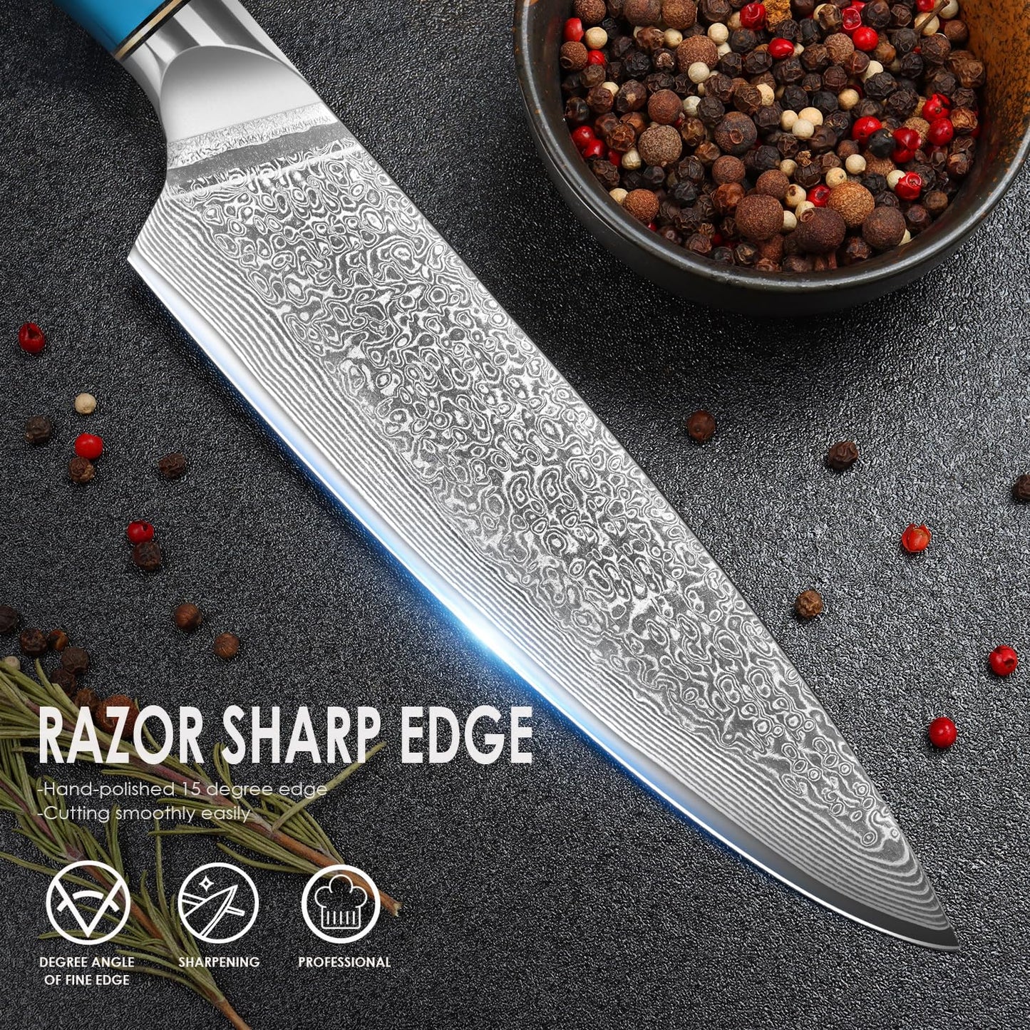 Home safety 2-piece damascus knife set, damascus santoku knife set kitchen knife set made of 67 layers of VG-10 damascus steel, professional damascus chef knife set with ergonomic natural resin handle, gift box.