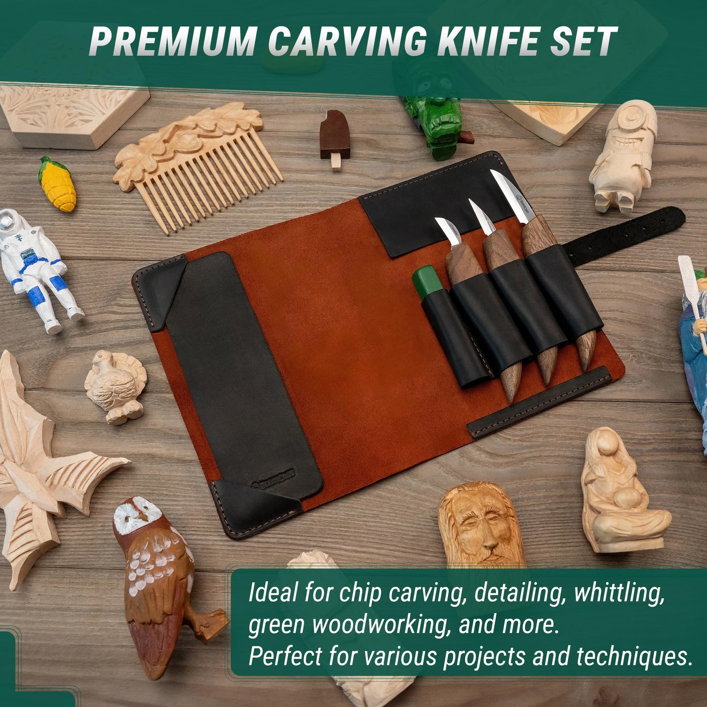 BeaverCraft Wood Carving Set Deluxe Carving Knife Set S15X - Wood Carving Tools and Leather Strop for Sharpening with Polishing Compound - Carving Knives, Gouges, Chisels.