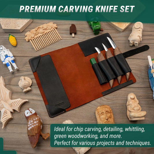 BeaverCraft Wood Carving Set Deluxe Carving Knife Set S15X - Wood Carving Tools and Leather Strop for Sharpening with Polishing Compound - Carving Knives, Gouges, Chisels.