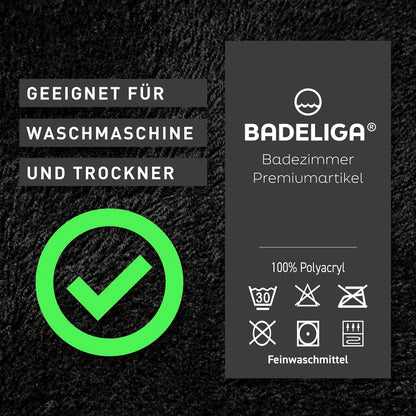 BADELIGA® corner shower mat, perfect mat for square shower enclosures. Extremely fluffy, non-slip & washable. Dryer-safe. Bath mat, bath rug with corner cutout 50 x 100 x 100 cm in black.