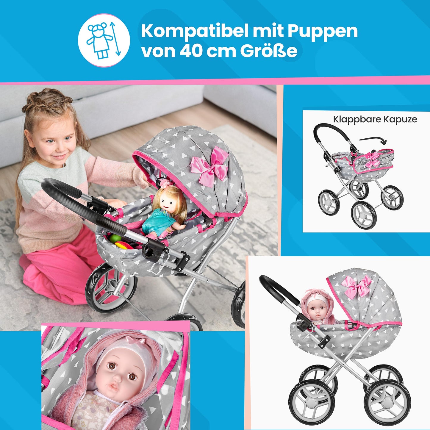 Children's play doll's pram - Lightweight & sturdy with aluminum frame - For dolls up to 40 cm, Indoors & Outdoors - Foldable with canopy & basket, Handle height 54 cm - Gray
