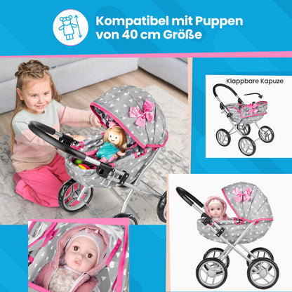 Children's play doll's pram - Lightweight & sturdy with aluminum frame - For dolls up to 40 cm, Indoors & Outdoors - Foldable with canopy & basket, Handle height 54 cm - Gray