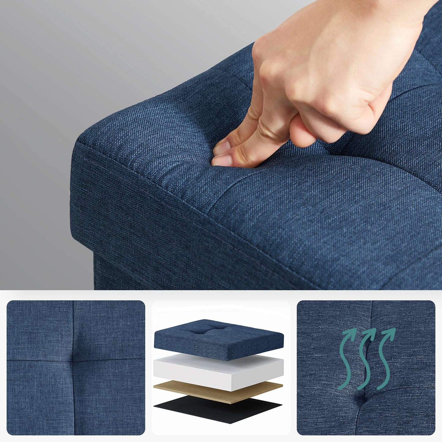 SONGMICS Storage Ottoman, Small Folding Bench, 38 x 38 cm Footrest, Storage Box, Holds up to 300 kg, for Living Room Bedroom Dorm, Midnight Blue LSF14IN