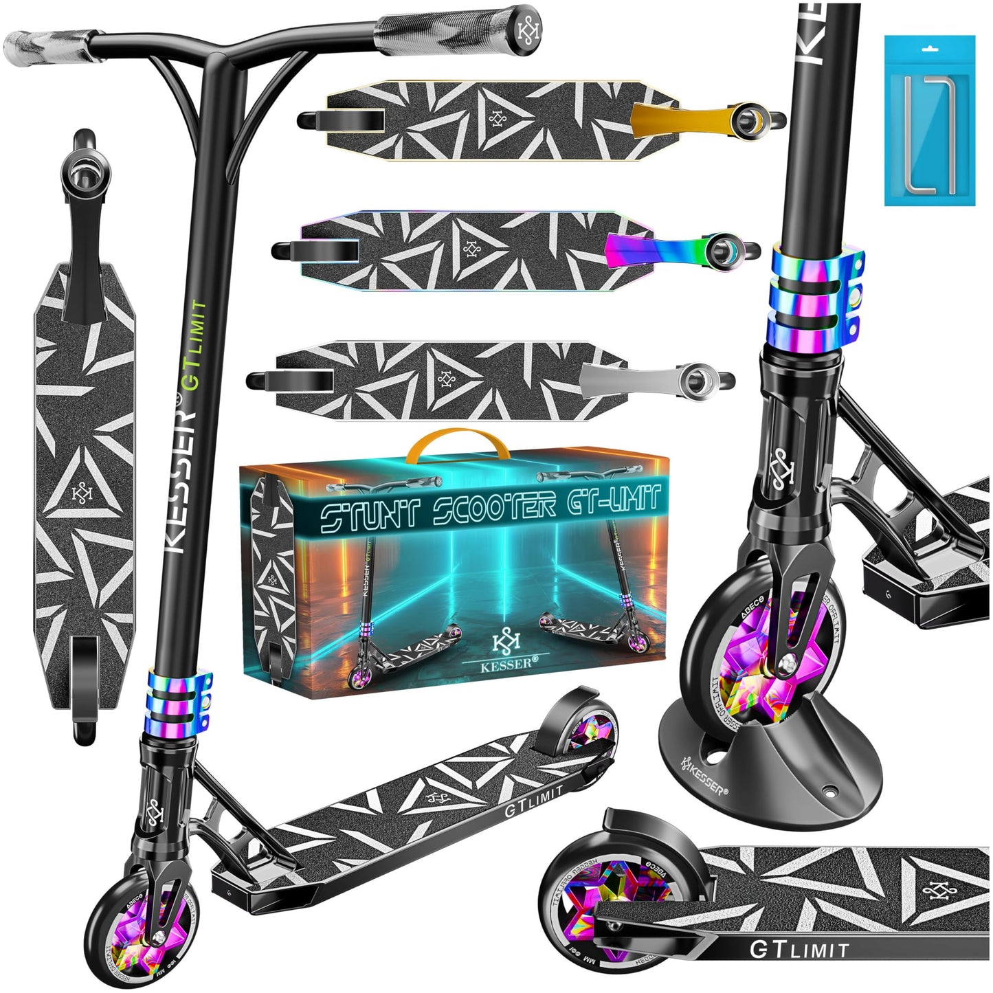 KESSER® Stunt Scooter GT-Limit 360° steering fun scooter stunt scooter with stand ABEC 9 bearings, 110 mm PU wheels, kick scooter push scooter trick roller for kids adults.
