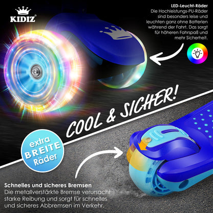 KIDIZ® Roller Kids Scooter X-Pro2 Trike Scooter with PU LED Light-Up Wheels Children's scooter foldable kick scooter adjustable height city scooter kids scooter for boys girls 3-12 years, Blue