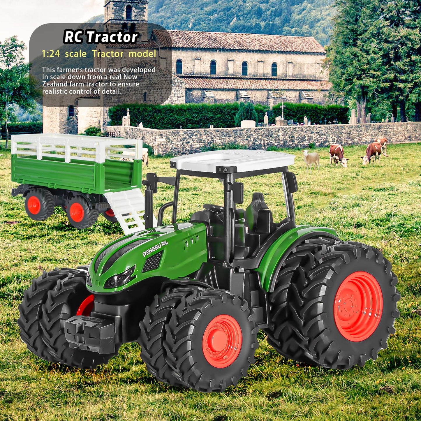 PENGBU RC Tractor Toy for 3 years and up, 2.4 GHz Remote Controlled Tractor with trailer, RC Farm Toy with remote control, cow and sheep, Gift for 2, 3, 4, 6 years old.