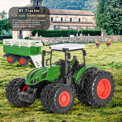 PENGBU RC Tractor Toy for 3 years and up, 2.4 GHz Remote Controlled Tractor with trailer, RC Farm Toy with remote control, cow and sheep, Gift for 2, 3, 4, 6 years old.