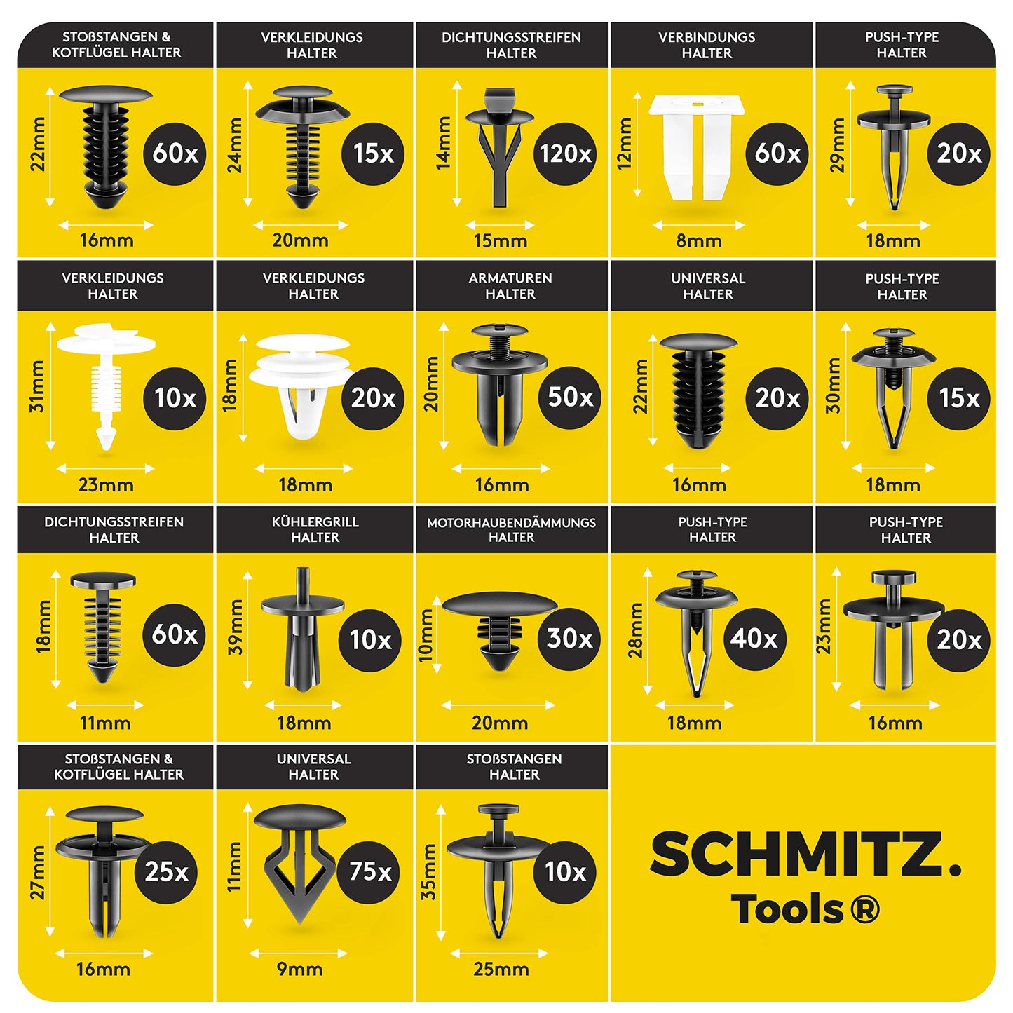 Fastening clips car + car disassembly tools set by SCHMITZ.Tools [700 pieces] lever tool car - automotive tool - car interior accessories - car clips - clips - push rivets - fastening clips