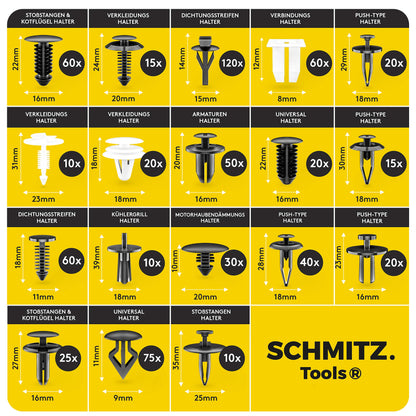 Fastening clips car + car disassembly tools set by SCHMITZ.Tools [700 pieces] lever tool car - automotive tool - car interior accessories - car clips - clips - push rivets - fastening clips
