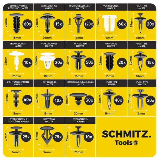 Fastening clips car + car disassembly tools set by SCHMITZ.Tools [700 pieces] lever tool car - automotive tool - car interior accessories - car clips - clips - push rivets - fastening clips
