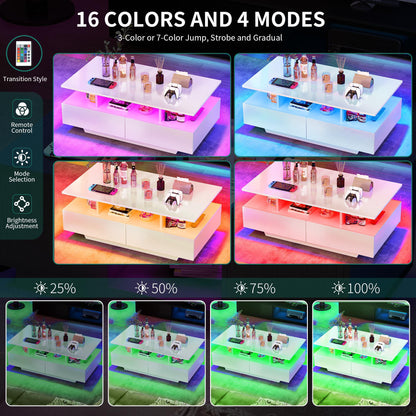 YITAHOME Coffee Table White, Living Room Table with 16-Color LED Lighting Modern, White Side Table with Open Display Shelf and 4 Extendable Drawers 90x55x41.1 cm