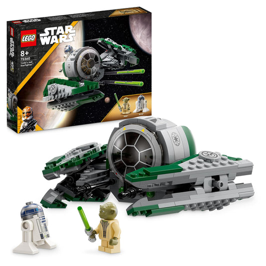 LEGO 75360 Star Wars Yoda's Jedi Starfighter building toy, Clone Wars vehicle set with Master Yoda minifigure, lightsaber, and R2-D2 droid figure.