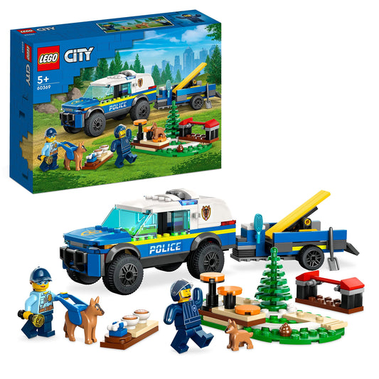 LEGO 60369 City Mobile Police Dog Training, police car toy with trailer, dog and puppy figures, animal set for kids 5 years and up.