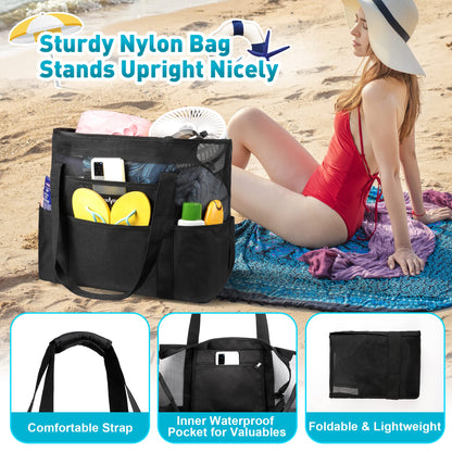 ZUXNZUX Beach Bag XXL Family, Mesh Beach Bag with Zipper, Large Foldable Ultra-light Beach Bag Sand Control, Bag Swim Bag Women Shopper Men for Summer Beach Vacation