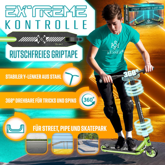 KESSER® Stunt Scooter X-Limit-Pro 360° steering fun scooter with stand, ABEC 9 bearings, 110mm PU wheels, kick scooter for children and adults.
