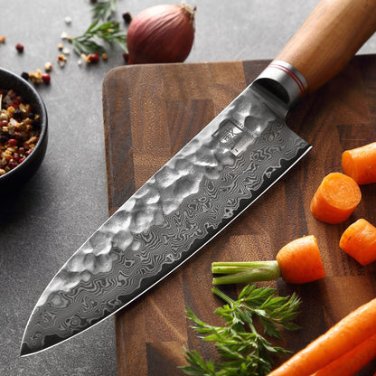 Zayiko Minami Premium Santoku knife with a 17.5 cm blade made of 67 layers of genuine Damascus steel with hammer finish and olive wood handle. Includes wooden box. Ideal for professional chefs and kitchen use.