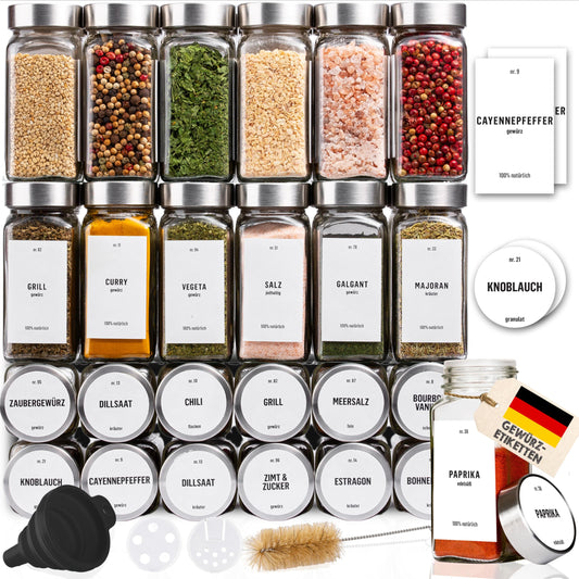 Deco Haus® Square Spice Jars with Screw Cap 24 Piece Set [+Labels & Shaker Insert] - Glass Spice Jar Set - Spice Containers - Spice Storage - Spice Organizer Spice Storage