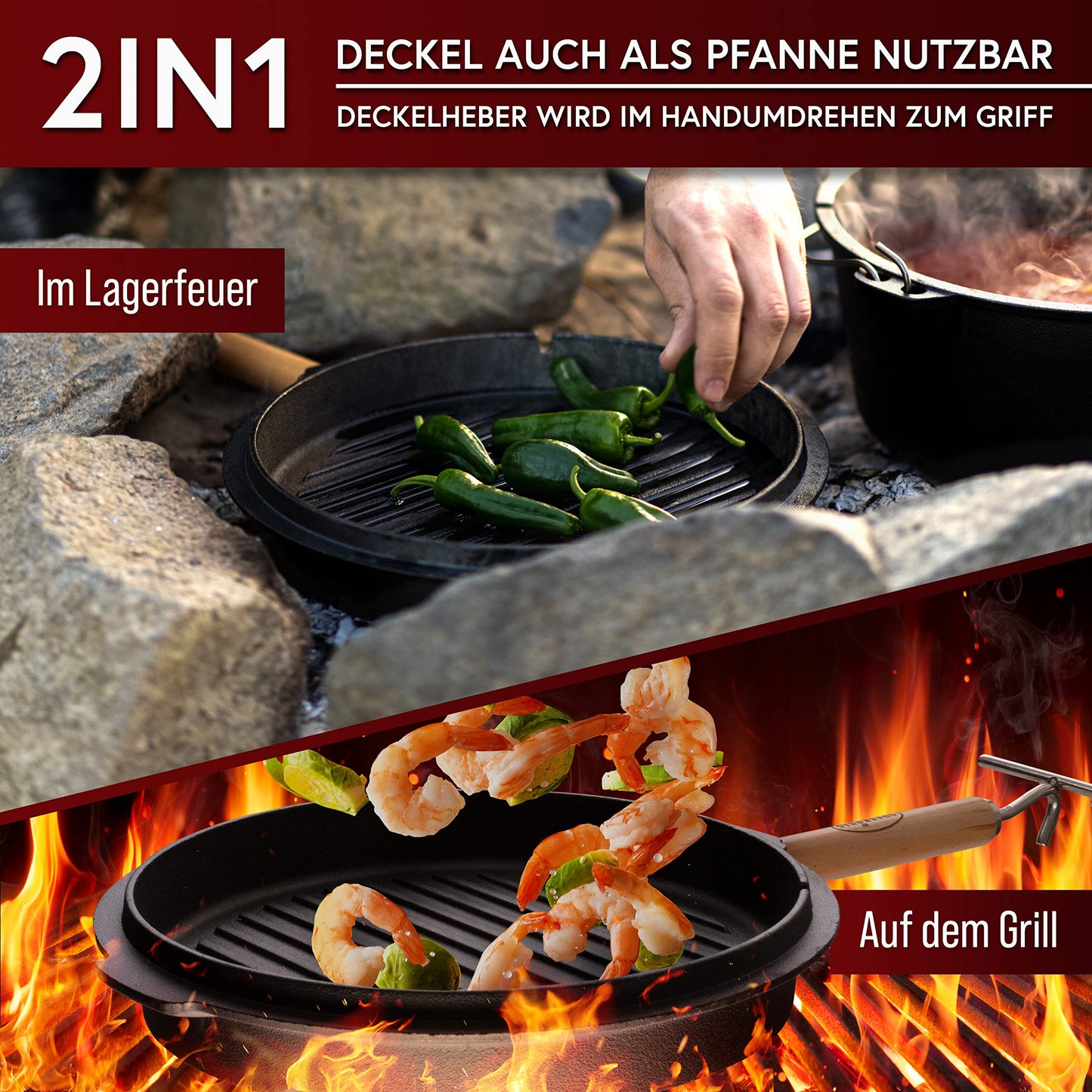 GUSSKÖNIG Dutch Oven Set - Seasoned 6 Liter Dutch Oven - Cast Iron Fire Pot with Feet - Dual Function Dutch Oven - including 2in1 Lid Lifter, Dutch Oven Recipe Book [for 2-4 people]