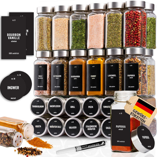 Deco house® Square Spice Jars with Spice Labels, Set of 36 - Spice Containers with Shaker Inserts - Spice Jars Set Spice Containers Spice Storage - Spice Jars Spice Shakers Glass