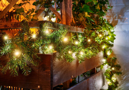 5-meter fir garland with 80 LED lights, expandable, powered by electricity, optional timer, includes 10-meter power cable, suitable for indoor & outdoor use, artificial decor garland with warm-white lighting.