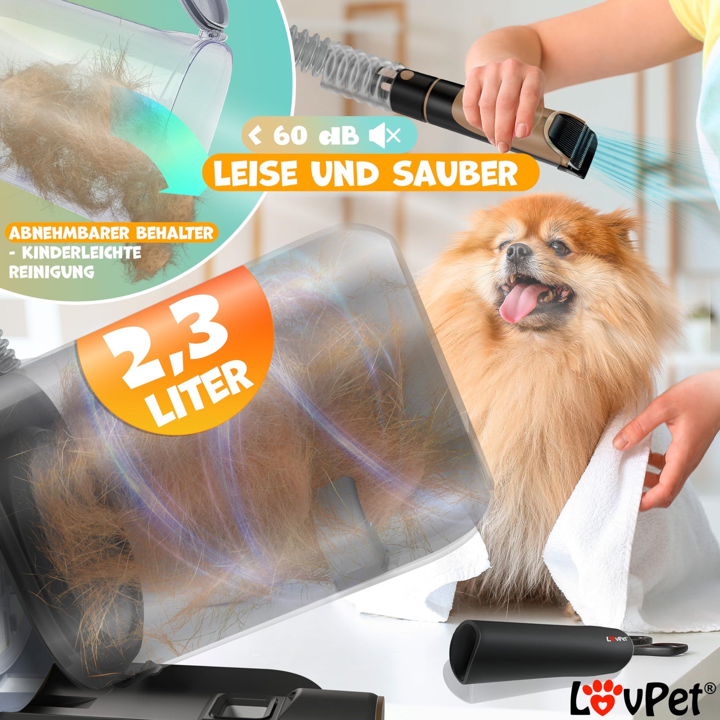 KESSER® dog grooming machine with vacuum cleaner | Quiet battery-powered clipper for pets | Pet grooming set with accessories for dogs & cats | Animal hair clipper 7in1 2.3L dust container and 7 grooming tools