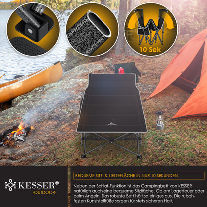 KESSER® Folding Camping Bed with Carry Bag + Side Pocket 210 x 74 x 35cm, supports up to 250kg. Made of sturdy metal frame and 600D Oxford fabric. Portable and comfortable for travel.