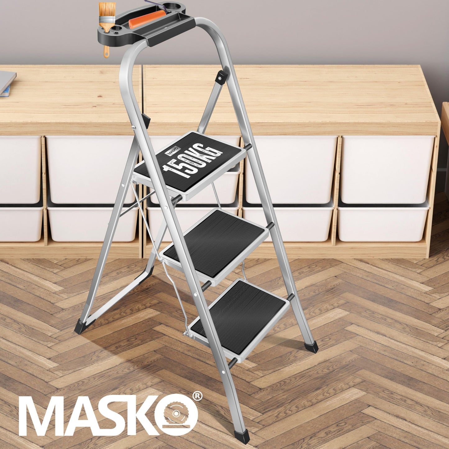 MASKO® Folding Step Ladder 3 Step ladder Step Ladder loadable up to 150 kg | Step Stool Anti-Slip | Folding Step Stool with Gloves, Tool Tray & Automatic Lock, Gray