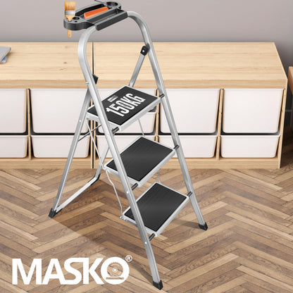 MASKO® Folding Step Ladder 3 Step ladder Step Ladder loadable up to 150 kg | Step Stool Anti-Slip | Folding Step Stool with Gloves, Tool Tray & Automatic Lock, Gray